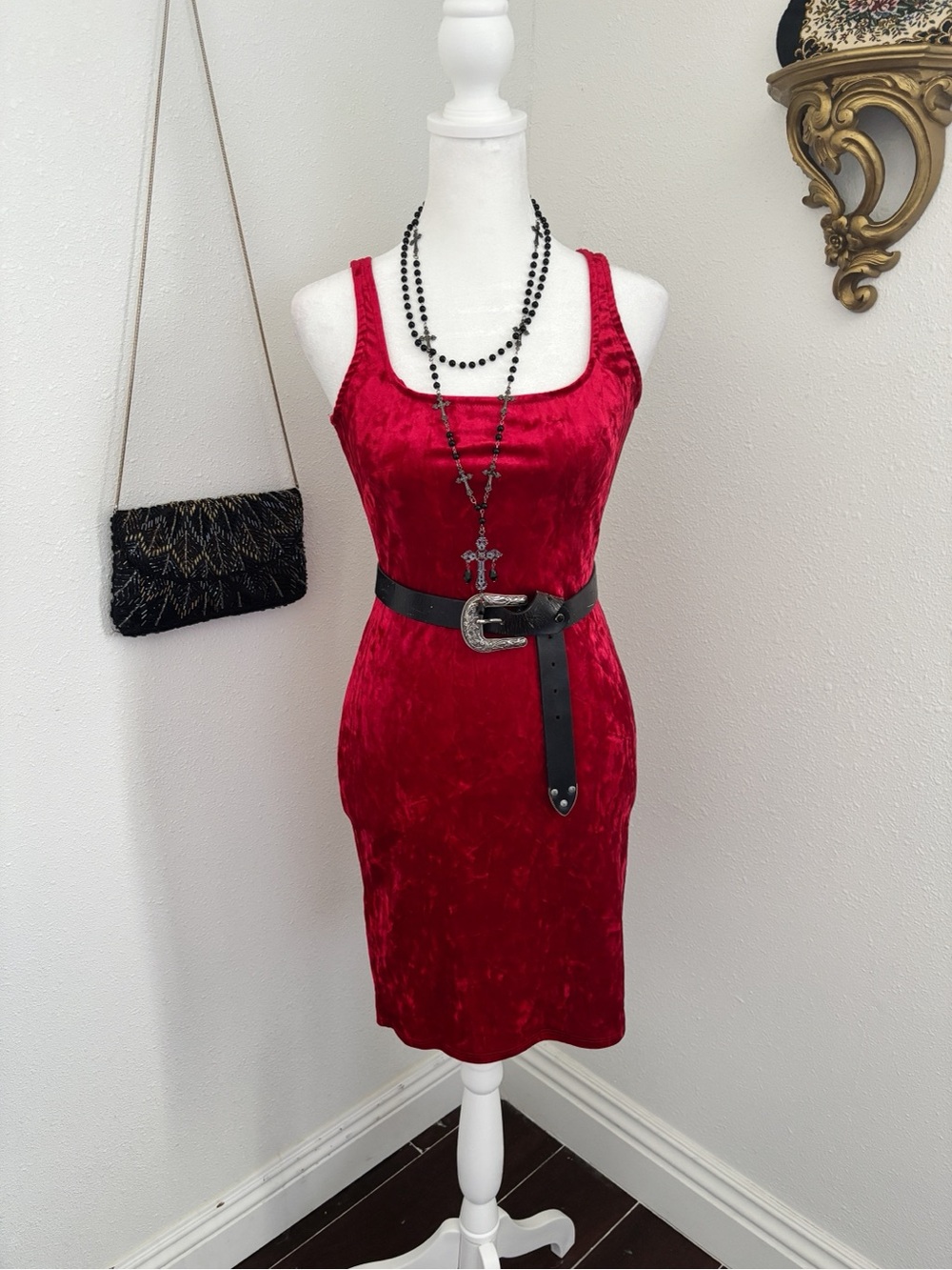 Crushed Red velvet scoop neck Whimsigoth midi dress Small
